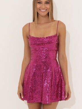 Lucy in the Sky Jewel Sequin Cowl Neck Dress in Pink
